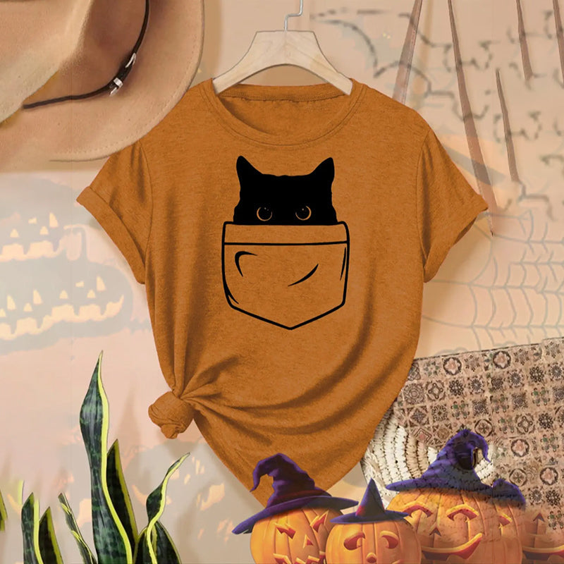 Abstract Creative Pocket Black Cat Art Print T-shirt elevenforest