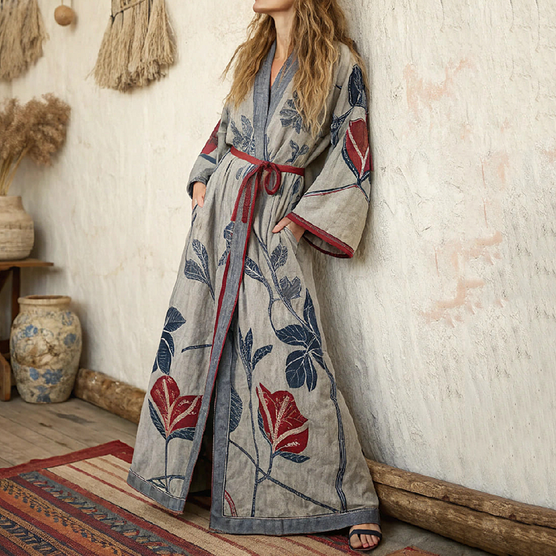 Women's Floral Art Linen V-neck Robe elevenforest