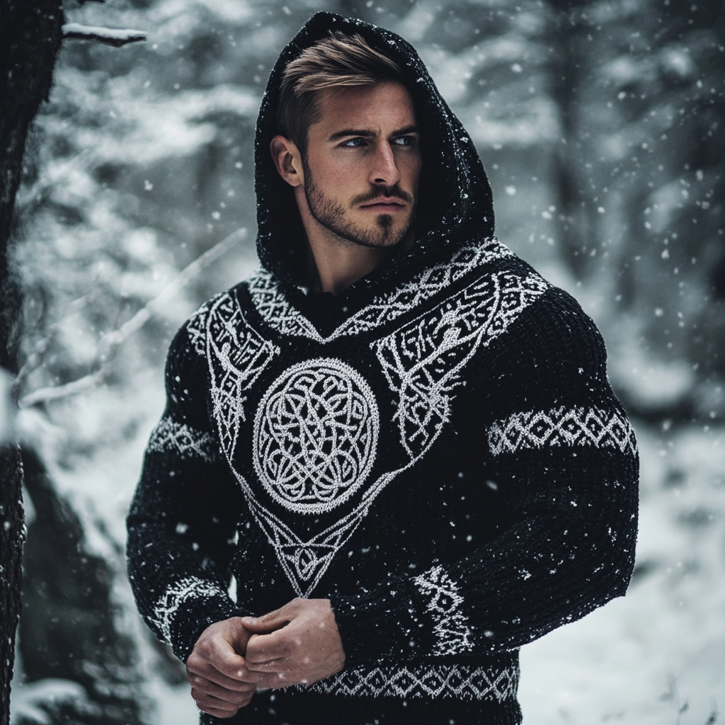 Men's Viking Raven Chunky Knit Celtic Knotwork Patterns Cozy Knit Hooded Sweater elevenforest