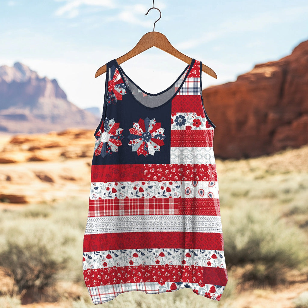 Women's Loose Independence Day American Beauty Flag Panel Linen Sleeveless Tank Top elevenforest