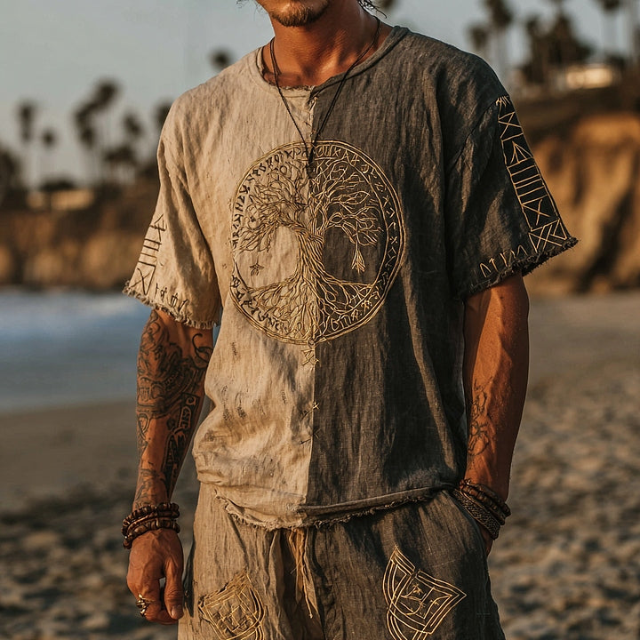 Men's Retro Tree Of Life Design Two-color Linen T-shirt elevenforest