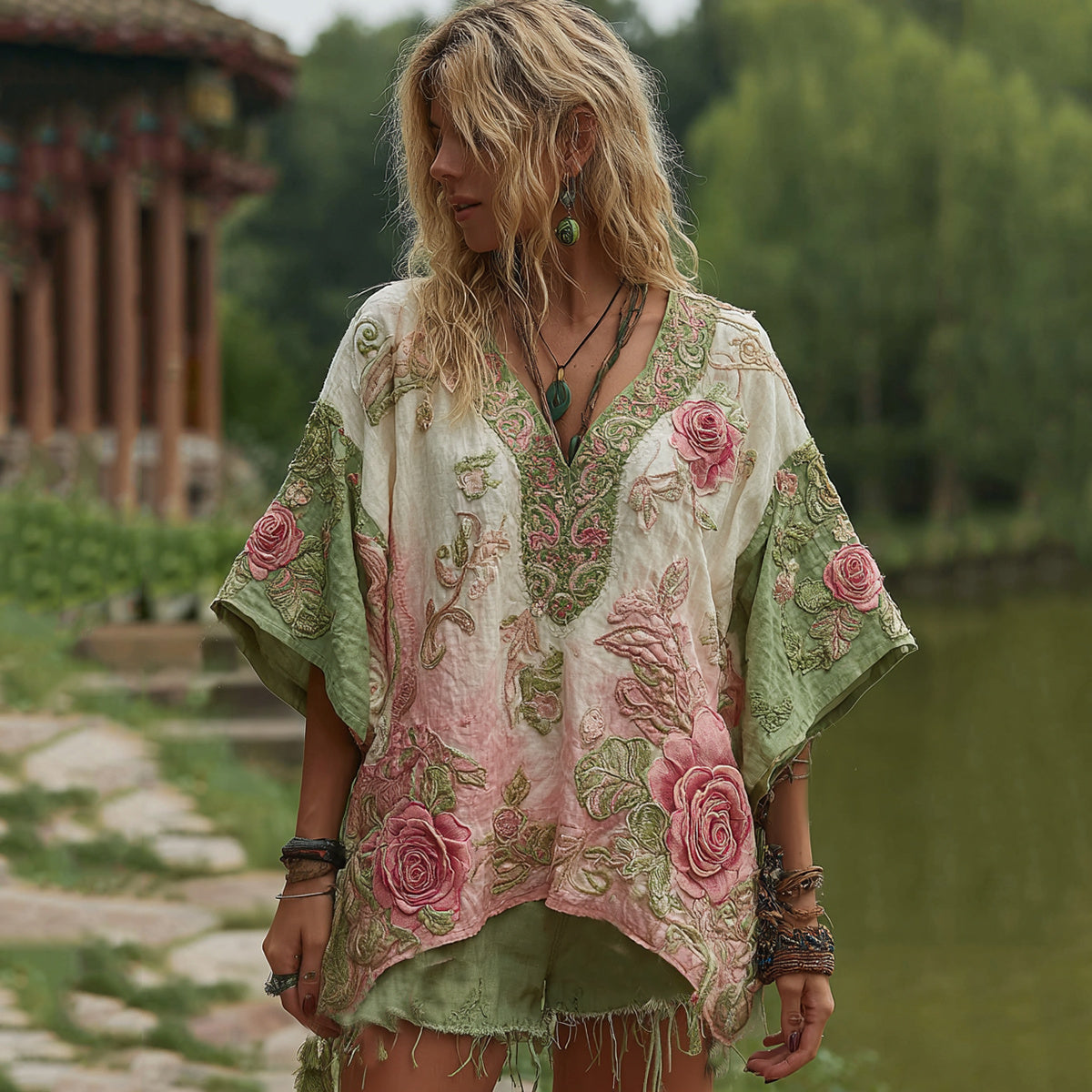Love & Health Collection Vintage Rose And Floral Patchwork Art V Neck Linen T-shirt elevenforest