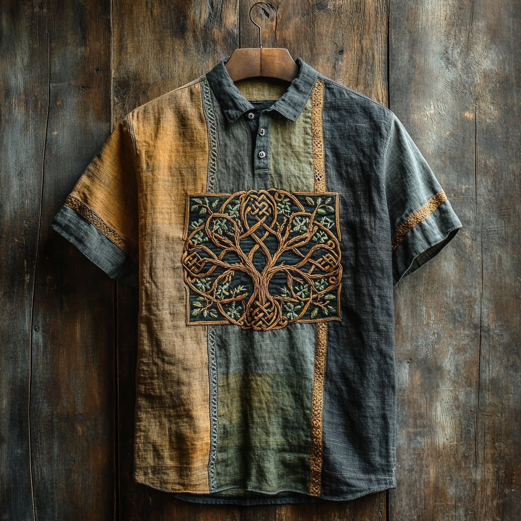 Men's Celtic Tree Of Life Patchwork Contrast Shirt elevenforest