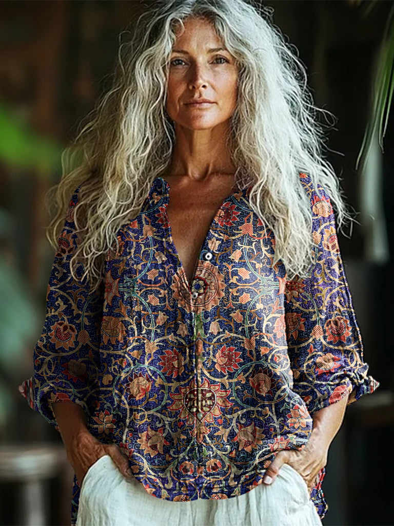 Bohemian Style Holland Park Morris Linen Print Long Sleeve Shirt elevenforest