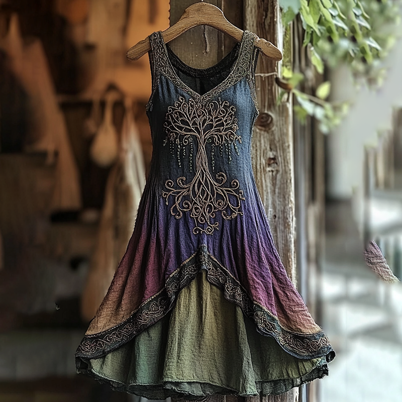 Women's Vintage Viking Tree Of Life Gradient Linen Dress elevenforest