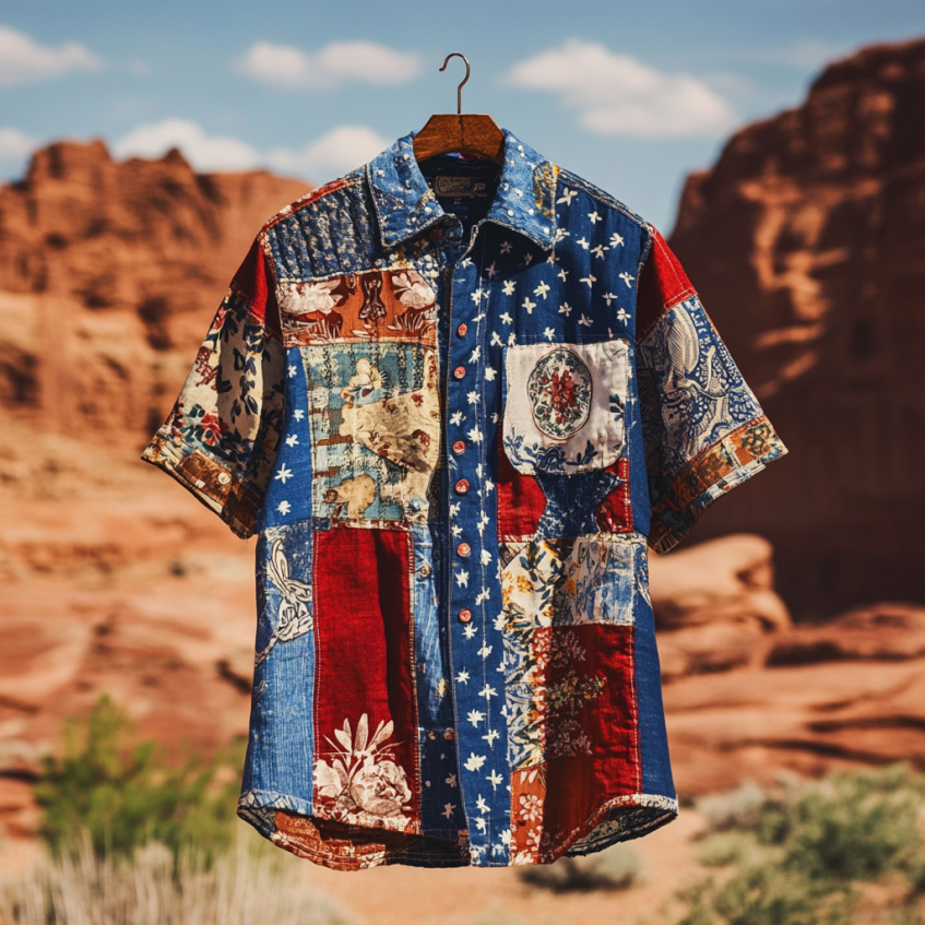 Men's Independence Day America Blue Red With Floral Pattern Art Casual Short Sleeve Shirts elevenforest