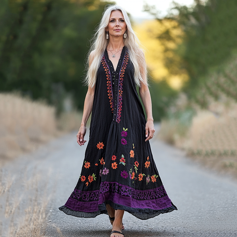 Vintage Bohemian Floral Embroidery Art Sleeveless Cozy Linen Maxi Dress elevenforest