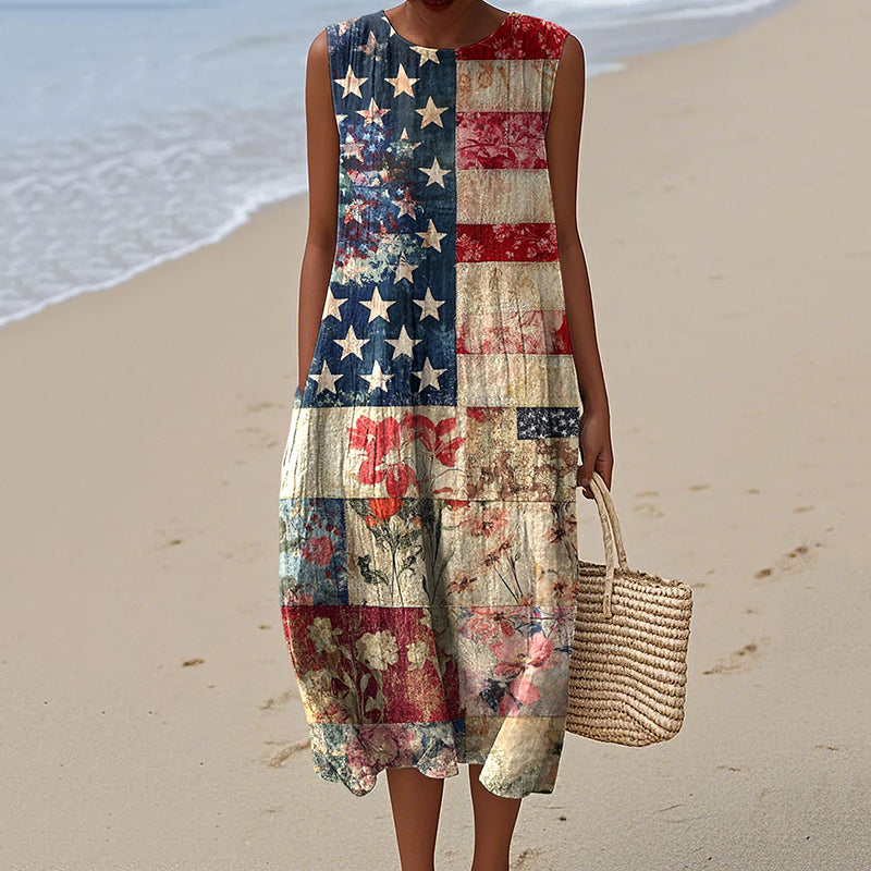 Vintage American Flag Independence Day 4th Of July Peaceinwar Art Linen Tank Dress elevenforest