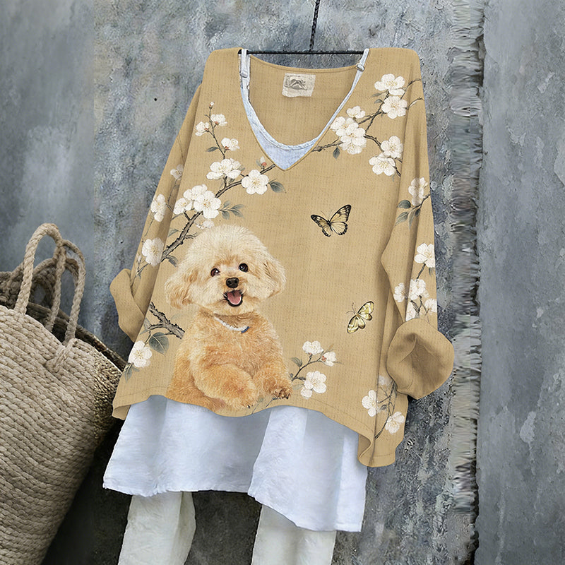 Comstylish Women's Cute Poodle With Pear Blossom Art V-neck Linen Blend T-shirt