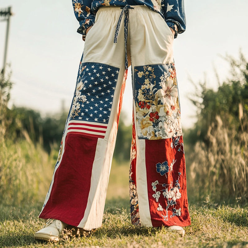 Women's Vintage Independence Day Floral Embroidery Patchwork Design Linen Wide Leg Pants elevenforest