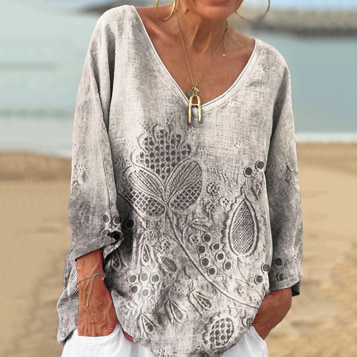 Vintage Embroidered Floral V-neck Linen Blend T-shirt elevenforest