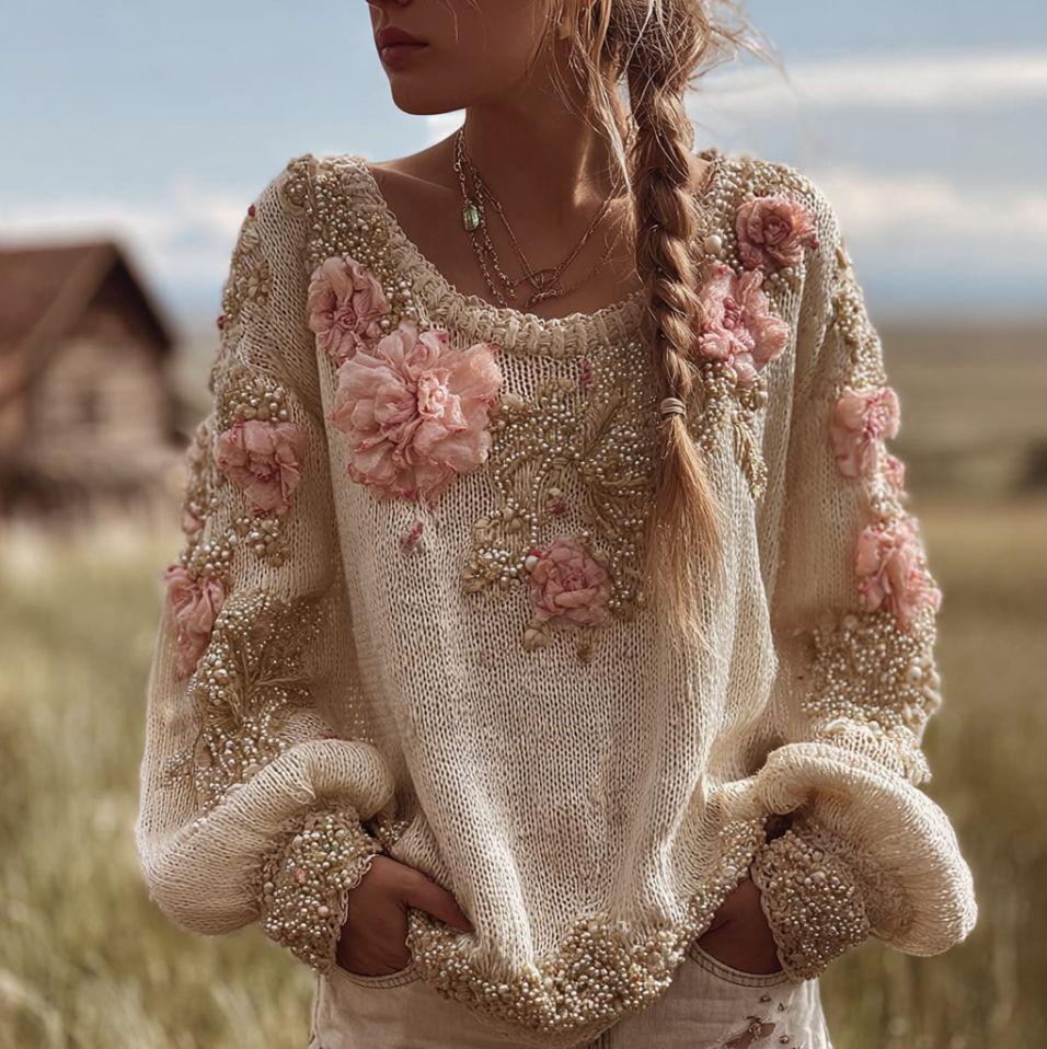 Bohemian Style Round Neck Long Sleeve 3d Floral Design Women's Sweater elevenforest