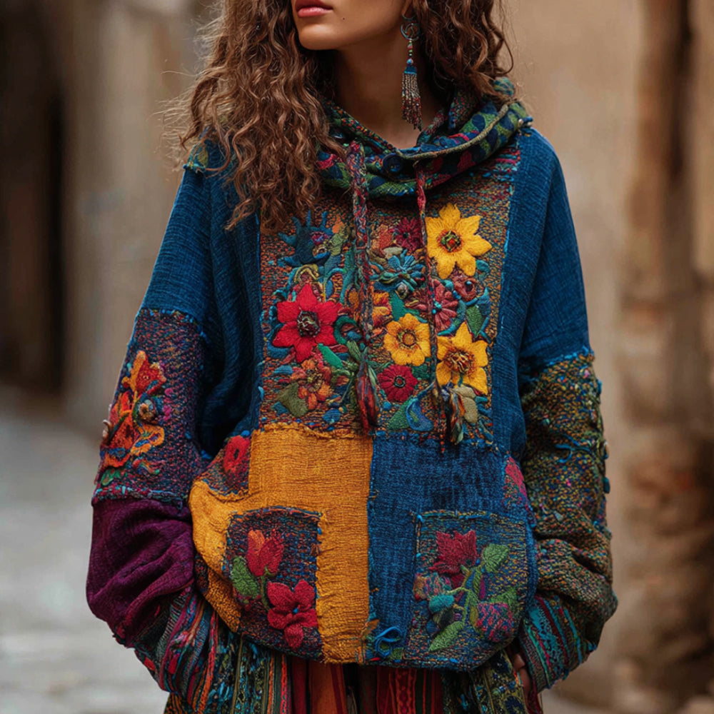 Bohemian Style Ethnic-inspired Multi-colored Floral Embroidery Patchwork Vintage-style Distressed Hooded Long-sleeved Sweater elevenforest