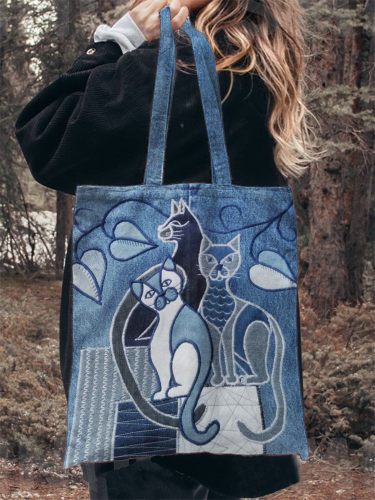 Lovely Cats Denim Patchwork Art Tote Bag elevenforest