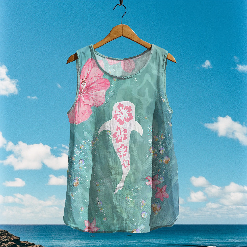 Women's Loose Sea whale In Floral Linen Sleeveless Tank Top elevenforest