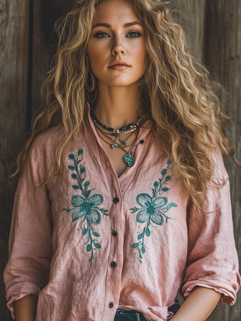 Vintage Bohemian Holiday Style Linen Floral Print Long Sleeve Shirt elevenforest