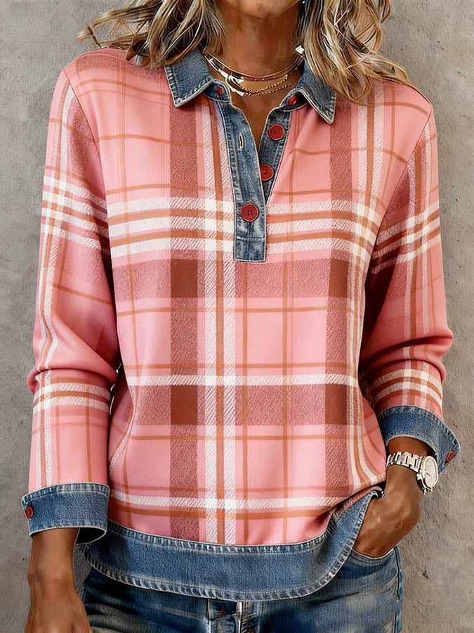 Women'S Casual Lapel Contrast Color Stitching Plaid Top