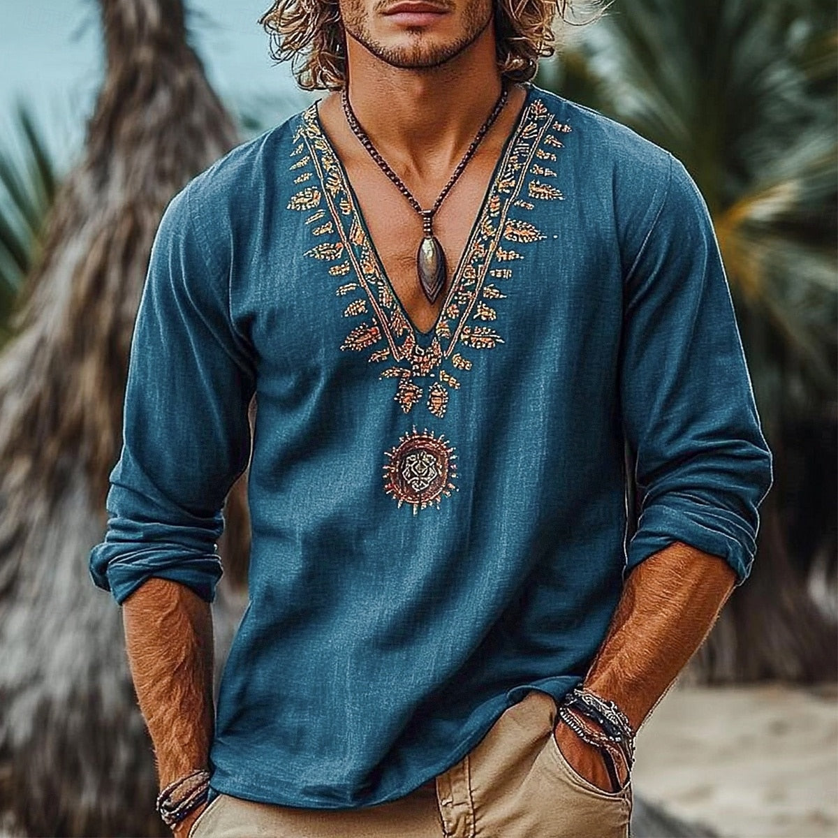 Men's Summer Beach Wear Viking Ethnic Styleart Print Linen T-shirt elevenforest