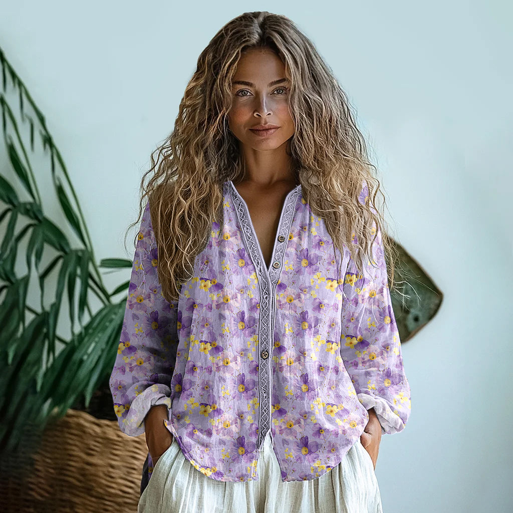 Vintage Wildflowers Floral Art Linen Print Long Sleeve Shirt elevenforest