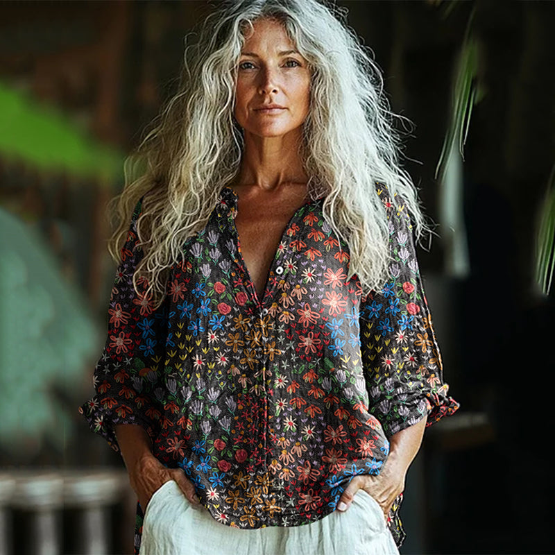 Bohemian Style Linen Colorful Floral Art Print Long Sleeve Shirt elevenforest
