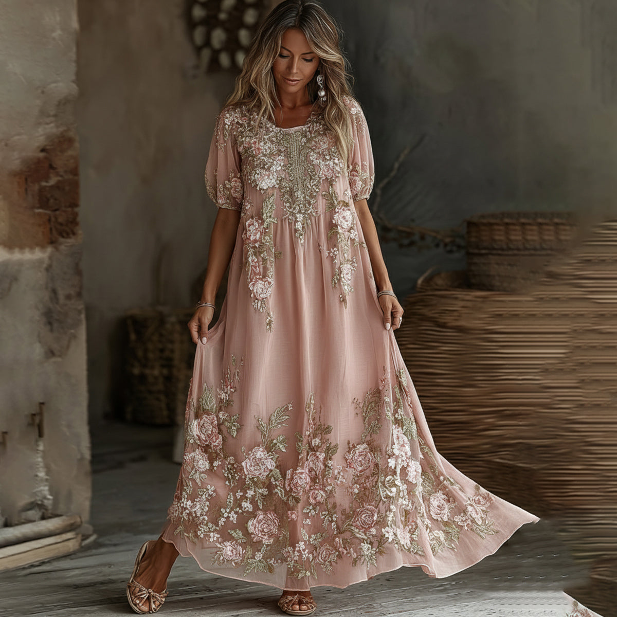 Women's Vintage Rose Floral Embroidered Elegant Short-sleeved Dress elevenforest