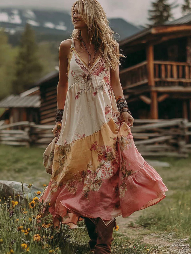 Women's Boho Floral Art V Neck Comfy Sleeveless Maxi Dress elevenforest