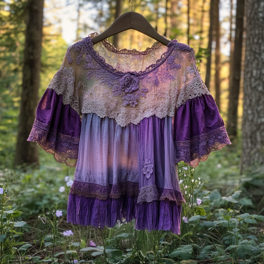 Boho Lavender Gradient Lace Art Linen Short Sleeve V-neck Shirt elevenforest