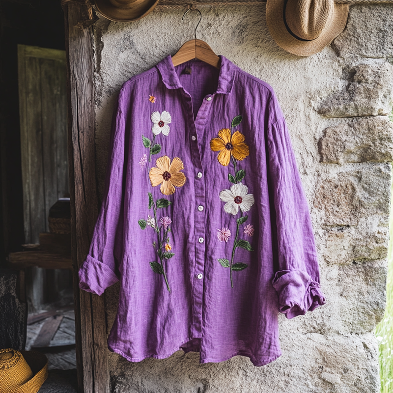 Bohemian Holiday Style Linen Floral Print Long Sleeve Shirt elevenforest