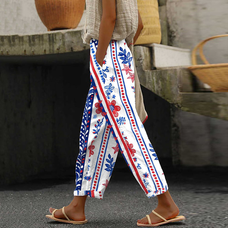 Women's Red White Blue Floral Stripes Print Casual Pants elevenforest