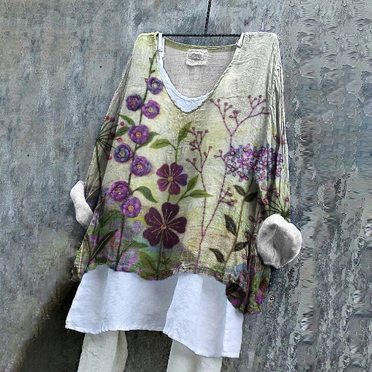Women's Floral Art Embroidery Linen V-neck T-shirt elevenforest