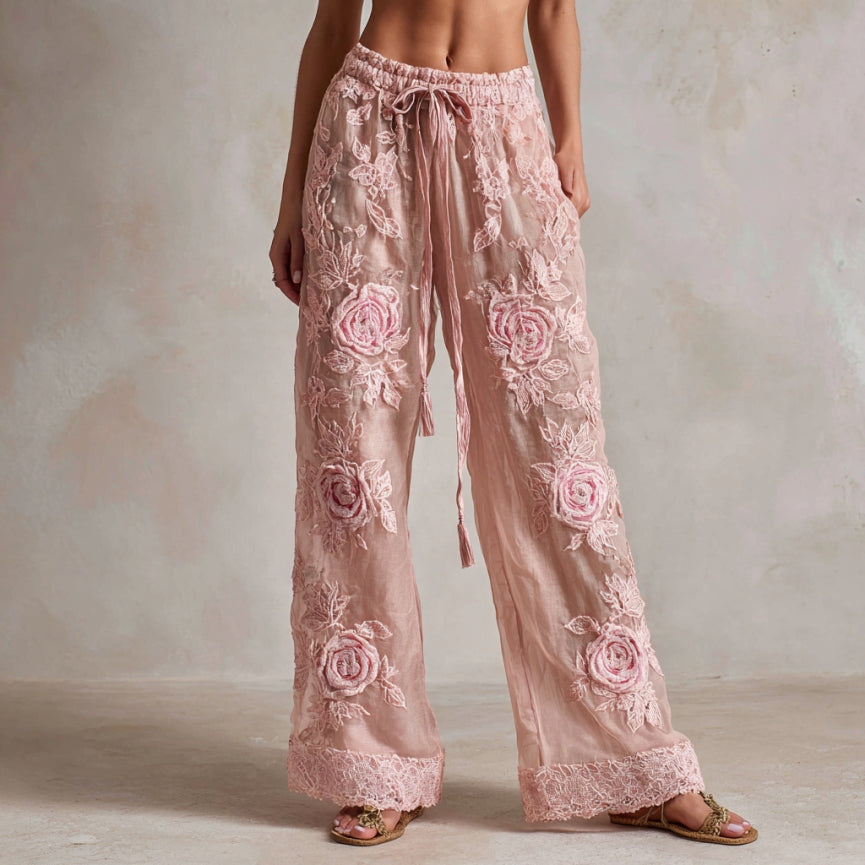 Women's Vintage Rose Floral Art Casual Wide Leg Pants elevenforest