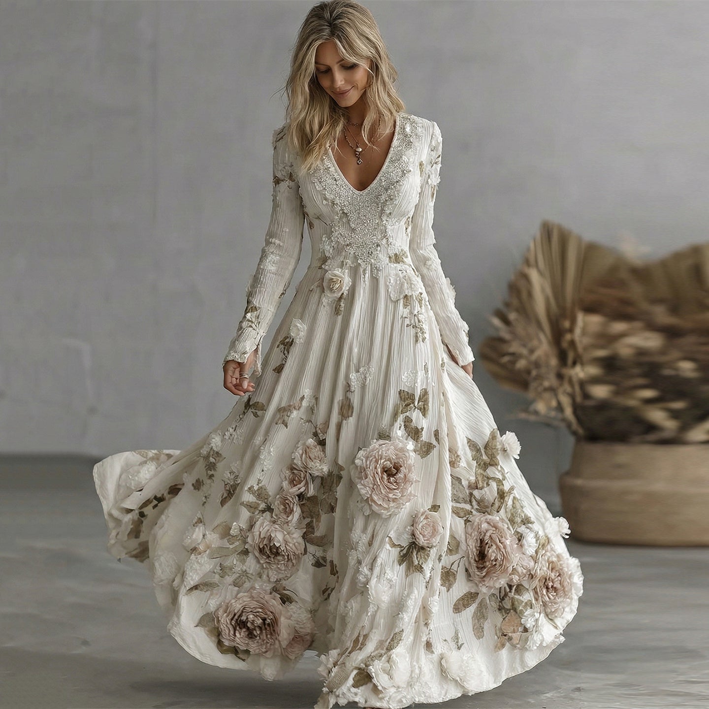 Women's Vintage Boho Pink Rose Floral Sequins Art Flowy Maxi Dress elevenforest