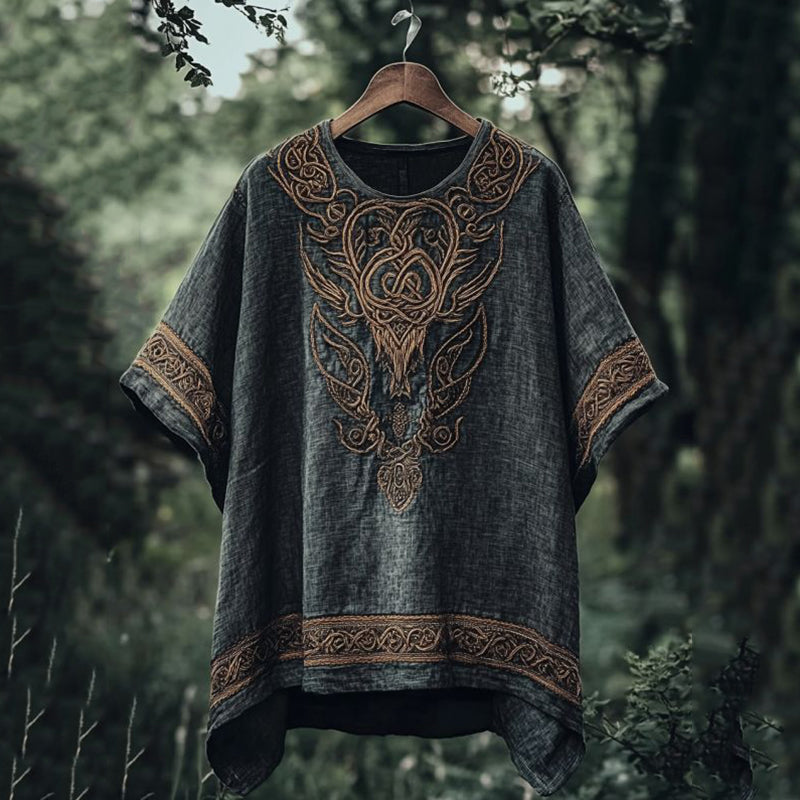 Men's Tribal Viking Dragon Head Embroidery Casual T Shirt elevenforest