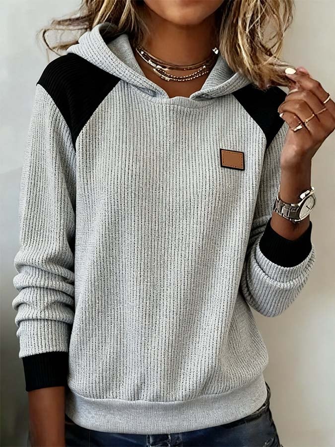 Women'S Casual Contrast Color Long-Sleeved Hooded Sweatshirt