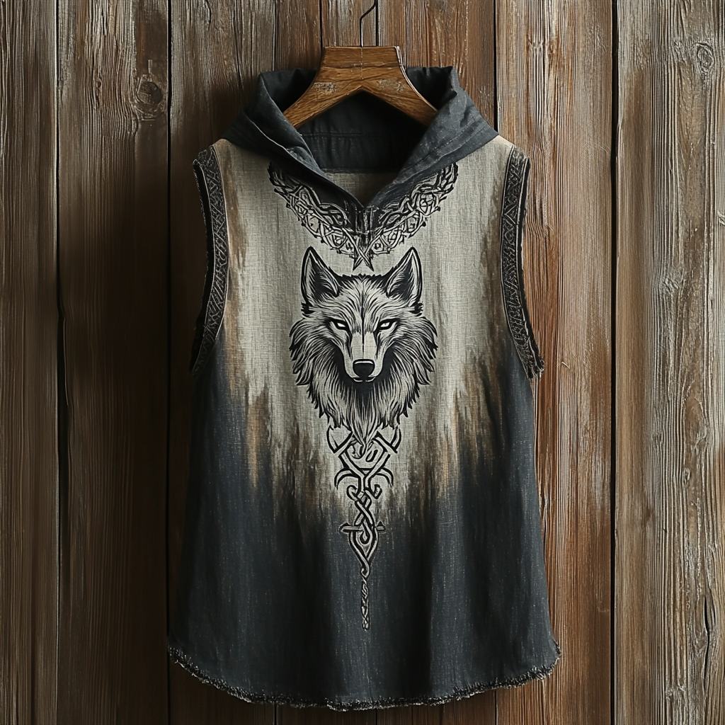 Men's Viking Wolf Head Celtic Mythology Hooded Tank Top elevenforest