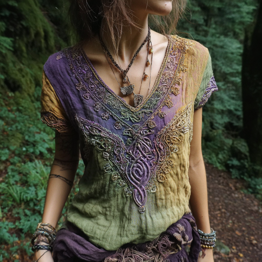 Vintage Viking Celtic Knot Gradient Art Women's Linen V Neck T-shirt elevenforest