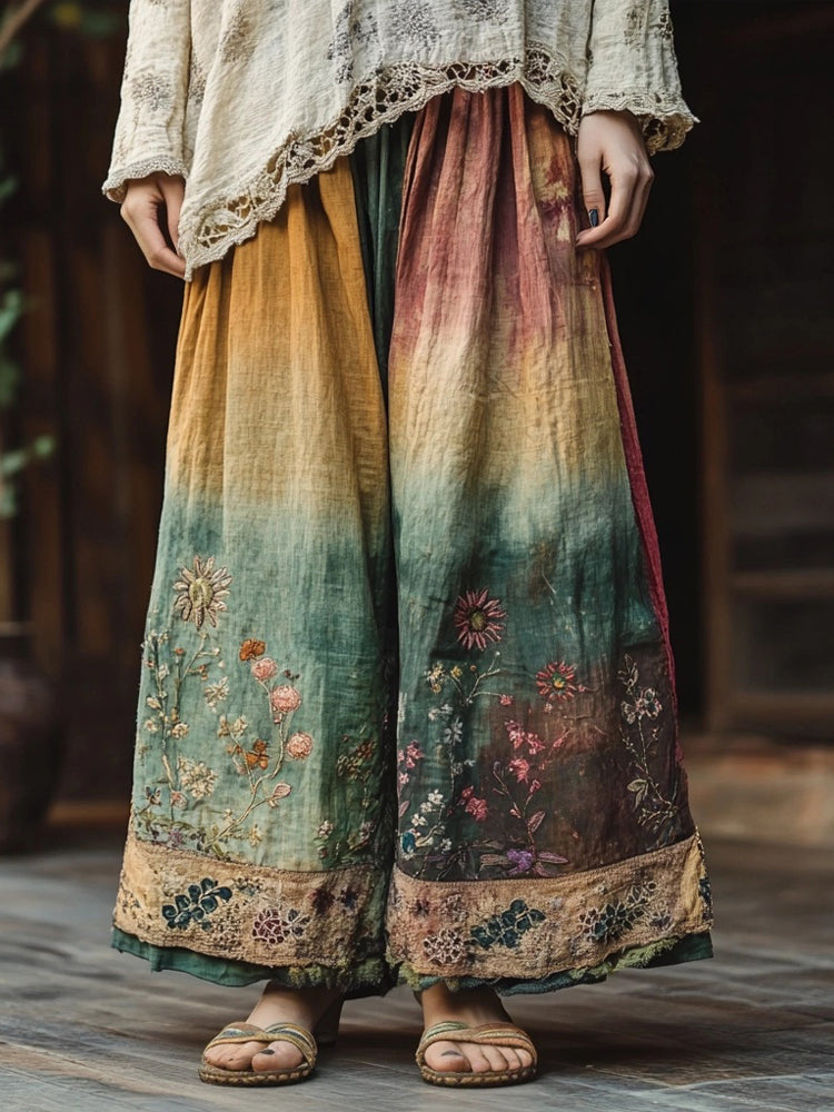 Vintage Floral Embroidered Lace Patchwork Linen Pants elevenforest