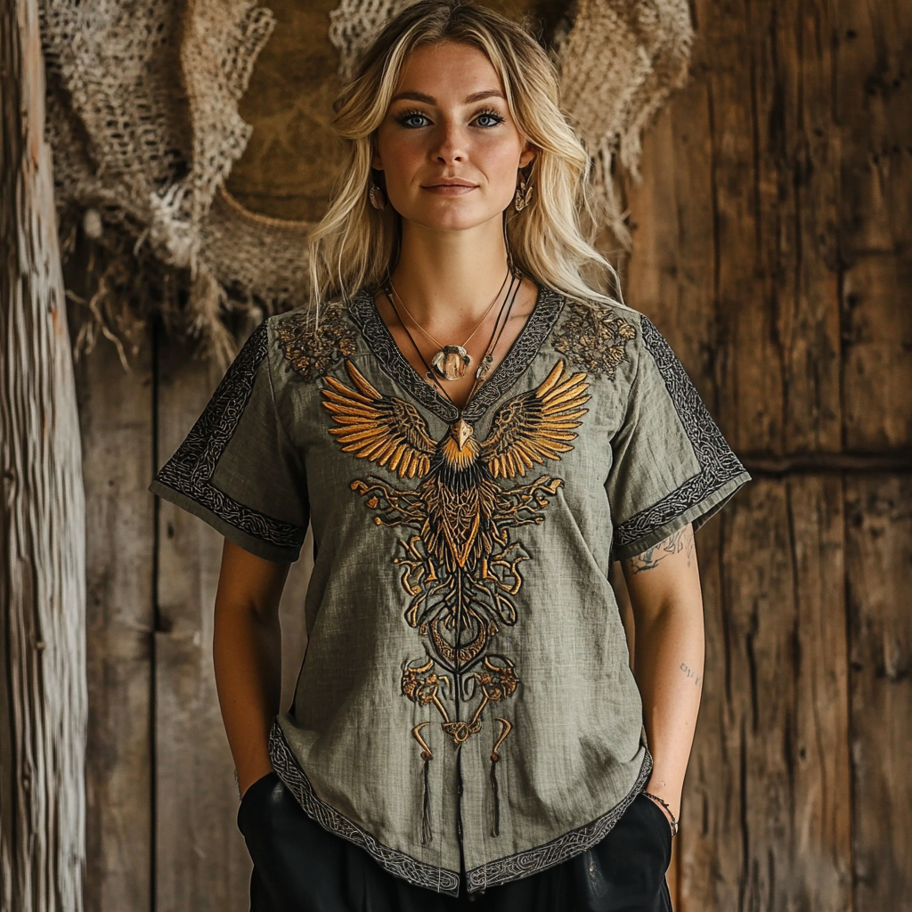 Vintage Women's Viking Eagle Rune Print Linen T-shirt elevenforest