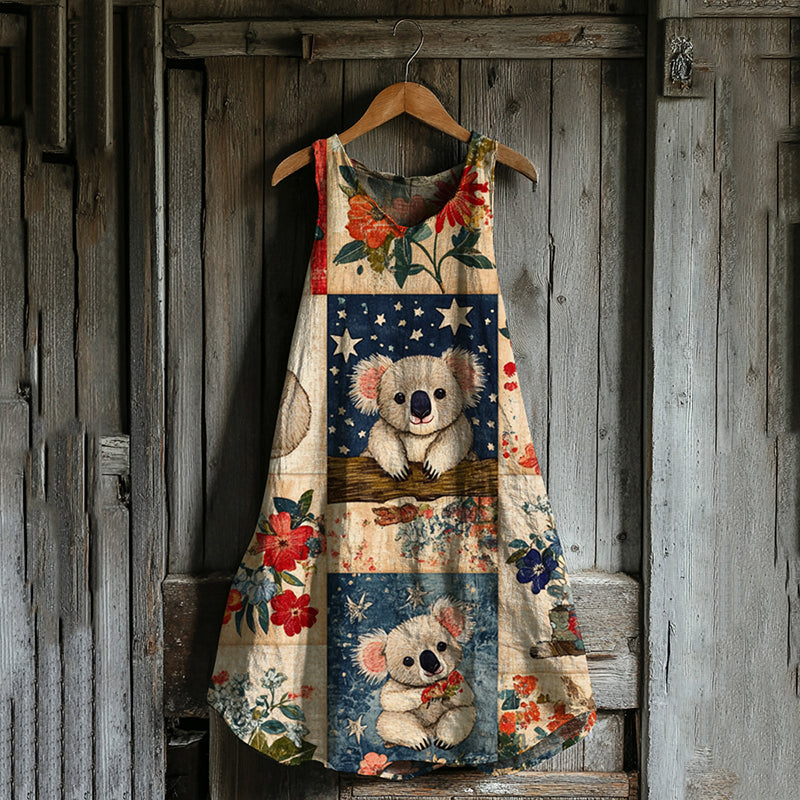 Vintage Loose Australian Save Koala Protect Koala Cute Koala Patchwork Pattern Art Print Linen Tank Dress elevenforest