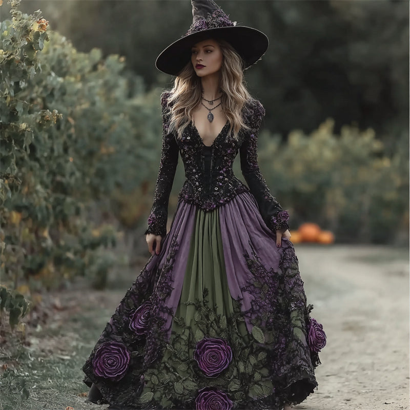 Halloween Vintage Roses Lace Fiber Art Witch Linen Maxi Dress elevenforest