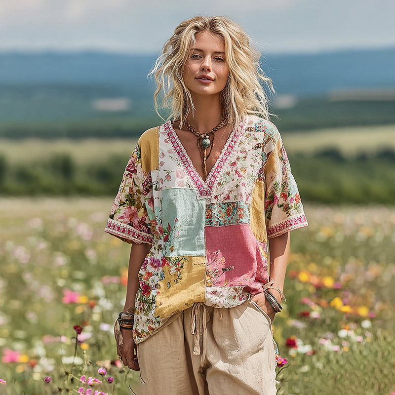Women's Vintage Floral Art V-neck T-shirt elevenforest