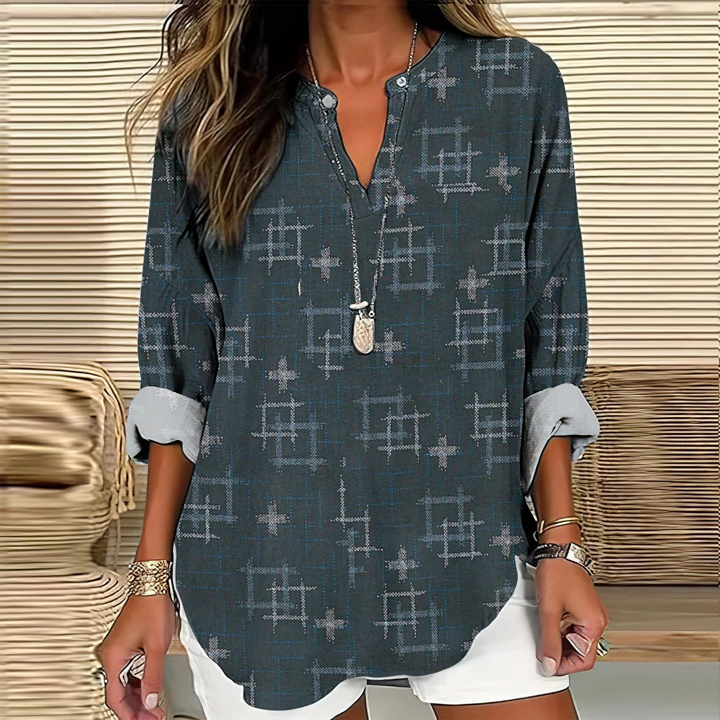 Japanese Art Print V-Neck Loose Blouse elevenforest