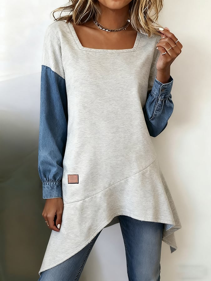 Women'S Casual Square Neck Contrast Stitching Shirt