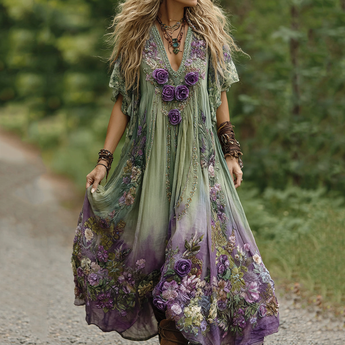 Vintage Green And Purple Lavender Patchwork And Floral Embroidered Art Linen Maxi Dress elevenforest
