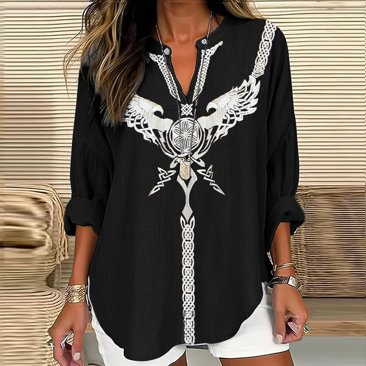 Women's Viking Art Linen Print Casual Shirt elevenforest