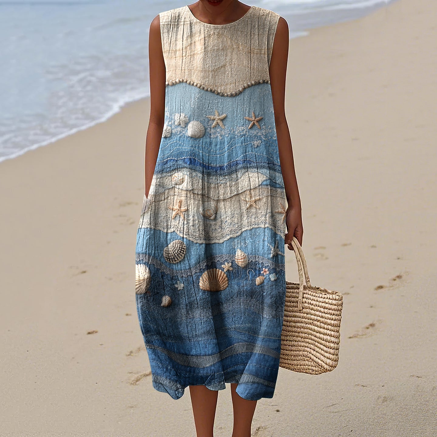 Vintage Loose Starfish & Sea Shells Sea Waves Art Sleeveless Cotton And Linen Tank Dress elevenforest
