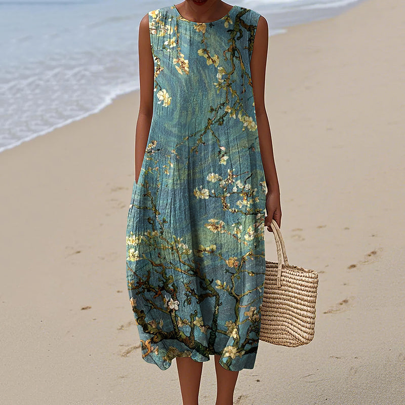 Vintage Loose Vintage Elegant Floral Art Linen Tank Dress elevenforest