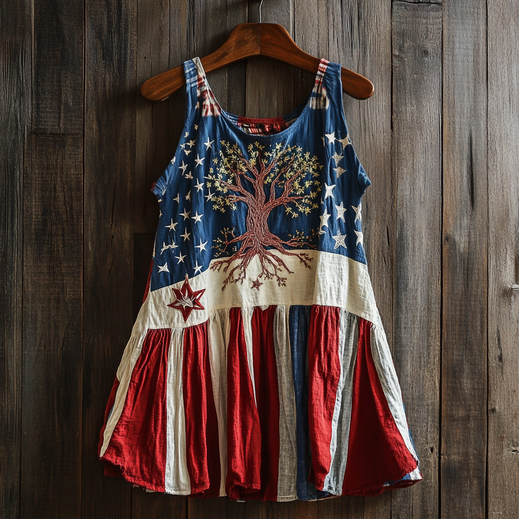 Women's Vintage Independent Day American Flag With Tree Of Life Art Linen Sleeveless Tank Top elevenforest