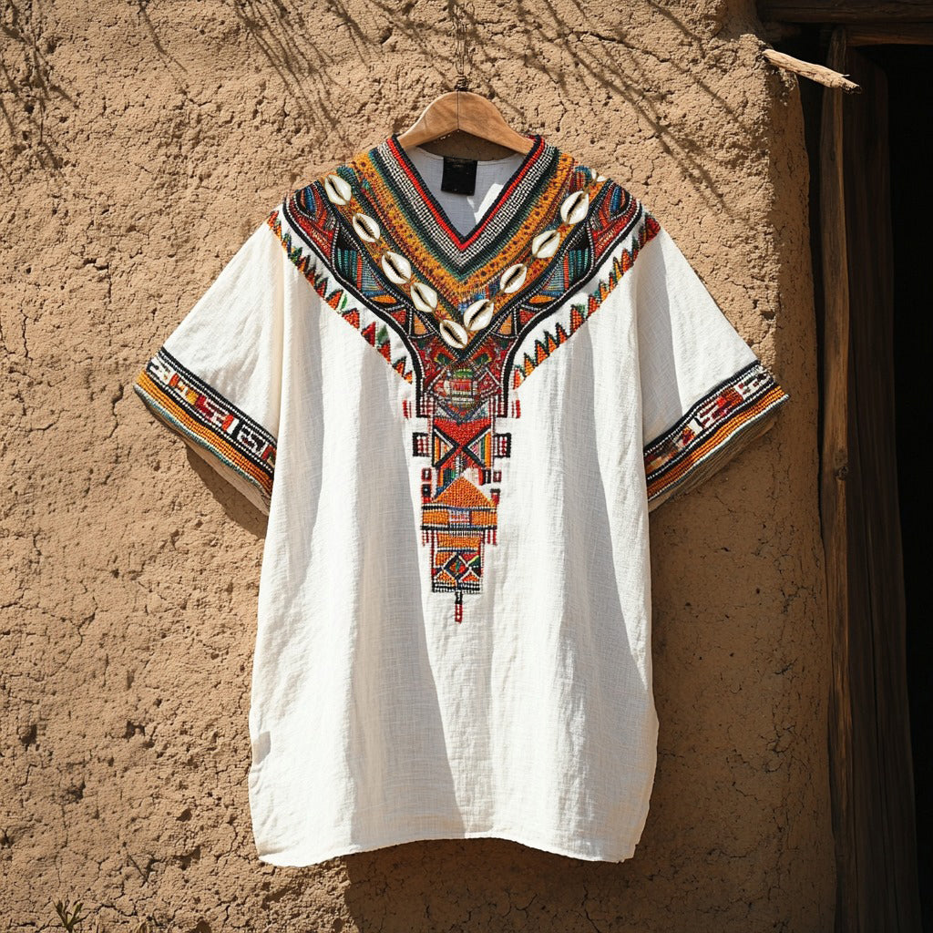 Vintage African Ethnic Kenyan Shell Art Linen Shirt elevenforest