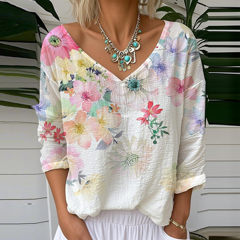 Flower Print V-neck Linen Blend T-shirt elevenforest